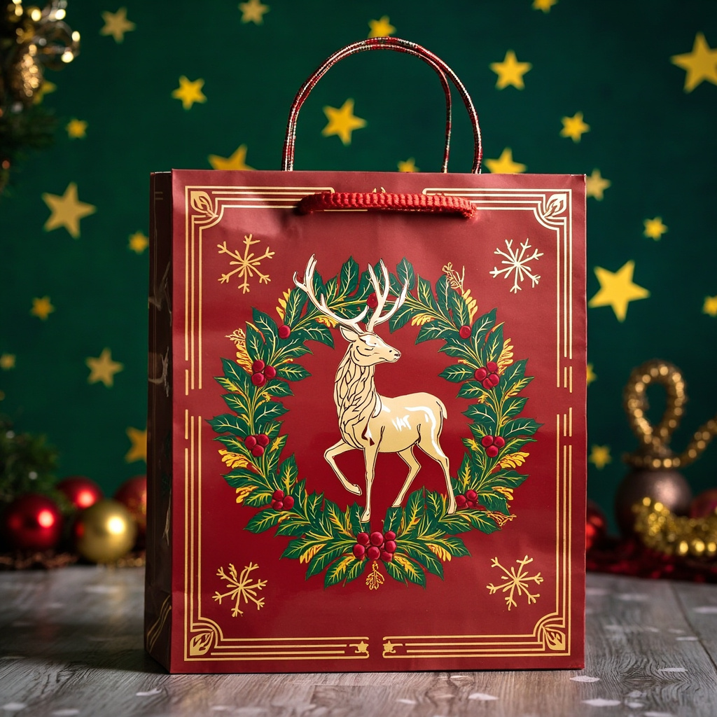Kraft Paper Gold Foil Stamping American Elk Christmas Paper Gift bag Premium Gift bag - Gift Packaging