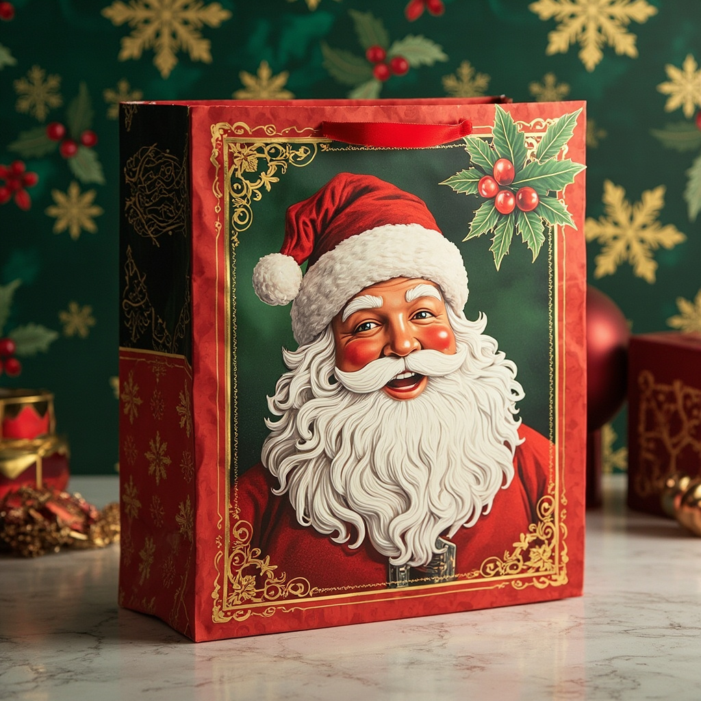Kraft Paper Cold Foil Stamping Santa Classic Red Gold Paper Gift bag Creative Gift bag - Gift Packaging