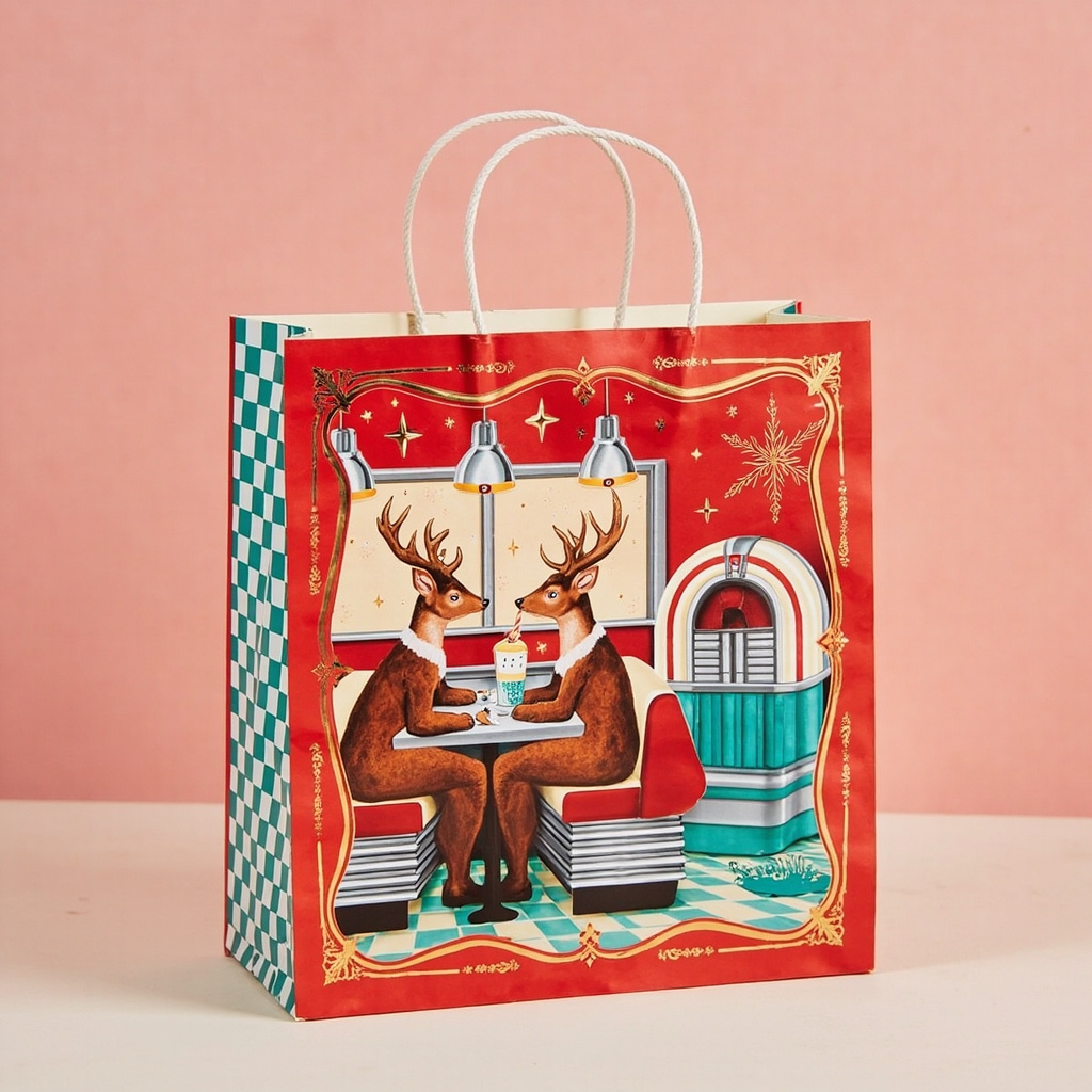 Kraft Paper Gold Foil Stamping American Diner Deer Paper Gift bag Elegant Gift bag - Gift Packaging