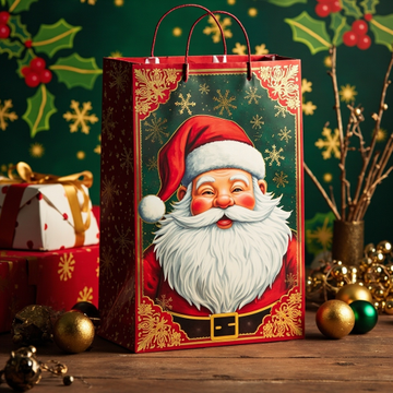 Kraft Paper Cold Foil Stamping Santa Classic Red Gold Paper Gift bag Style Gift bag - Gift Packaging